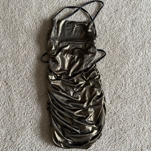 Lucy In The Sky Yellow Bodycon Lace Up Dress in Gold Prom Party Shimmer Small - Picture 2 of 8